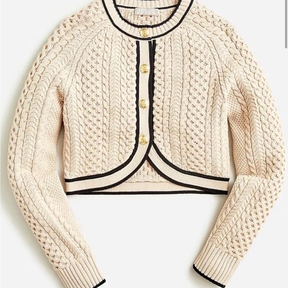 J Crew Cropped Cable-Knit Sweater Lady Jacket Size Large Beige Tan Academia - Picture 2 of 7